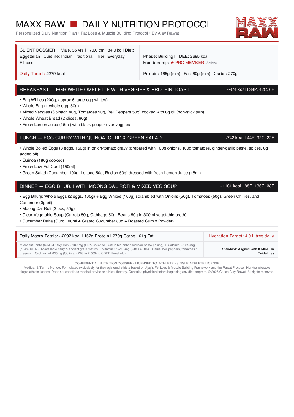 Anonymized MAXX RAW daily meal plan preview