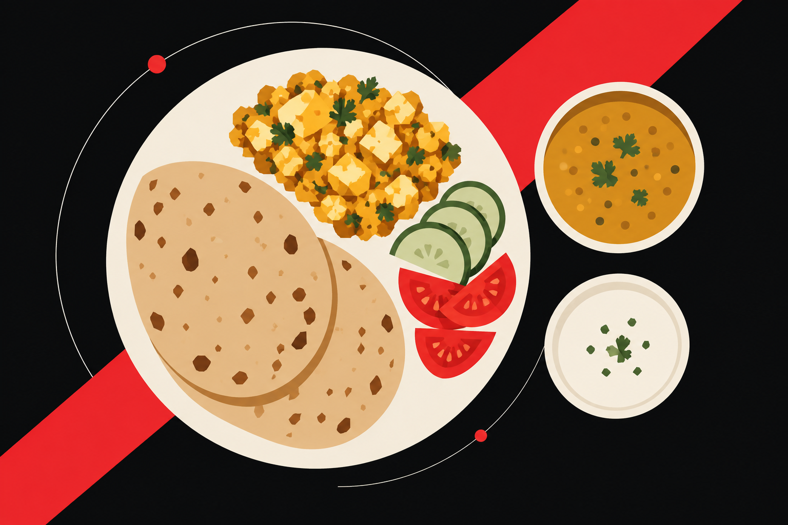 Geometric illustration of an Indian meal with roti, paneer, salad, dal and curd