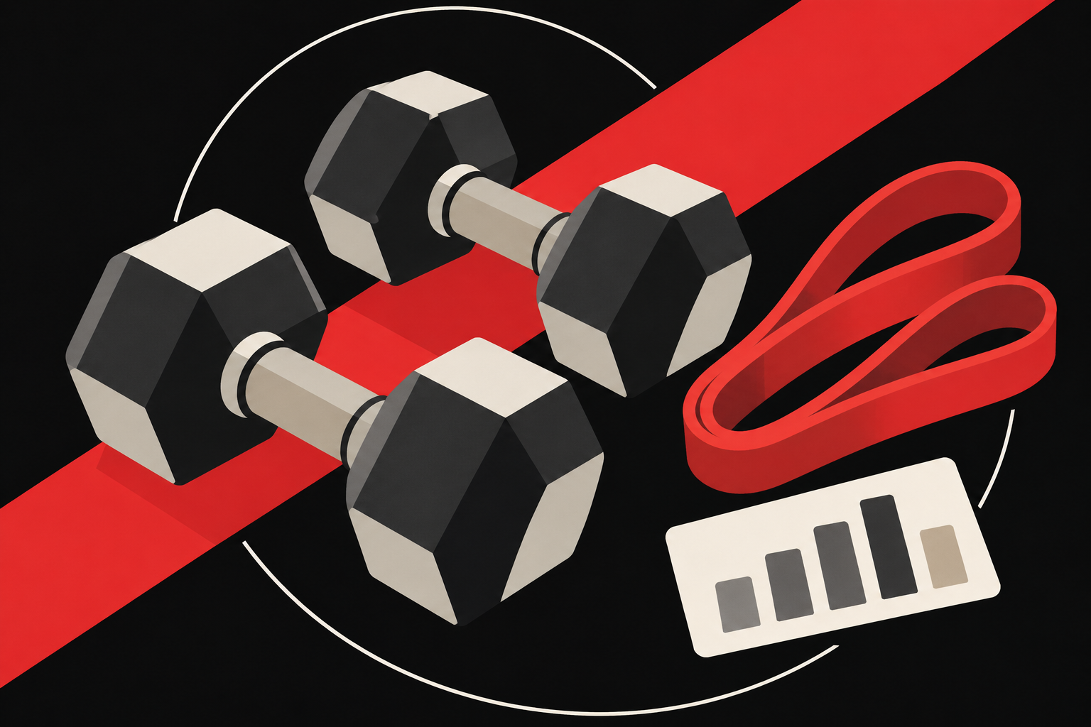 Geometric dumbbell and resistance-band illustration with a five-week progression motif